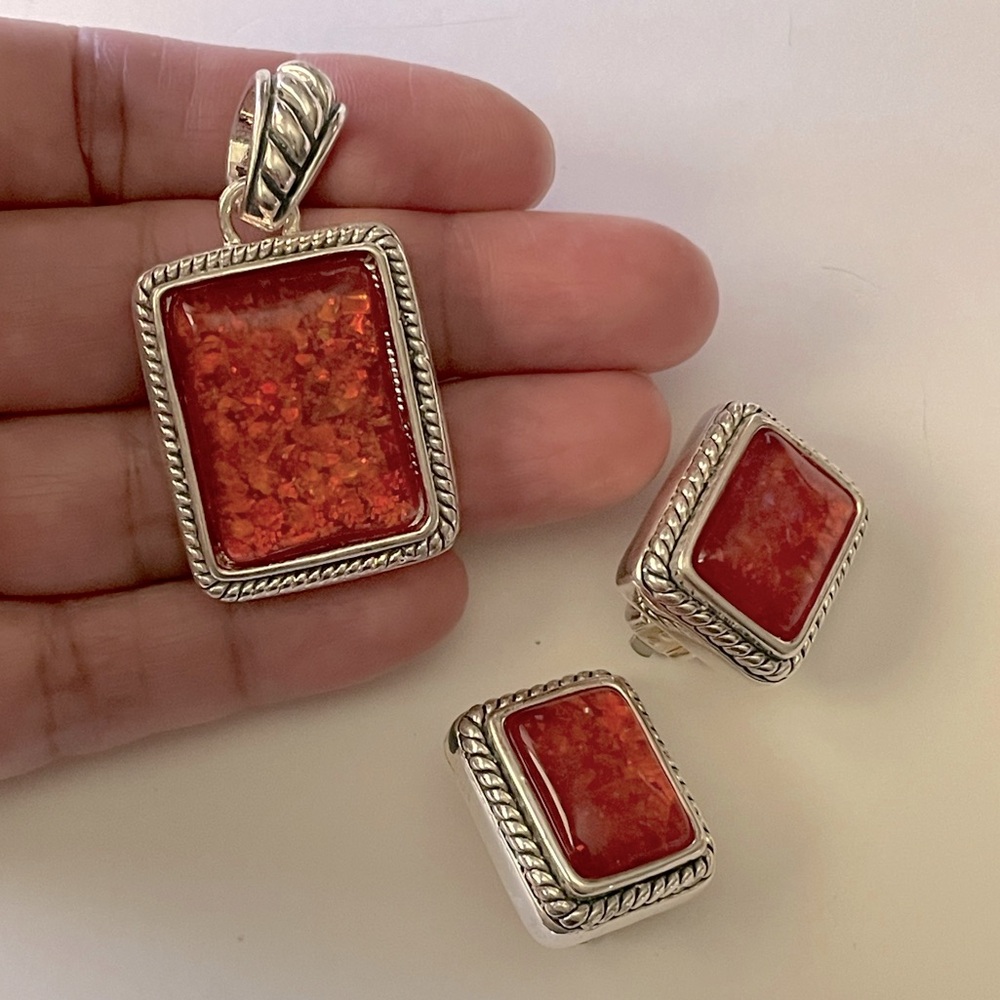 Burnt Orange silver tone MX pendant and clip on earrings necklace